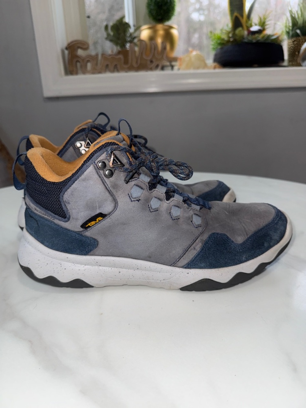 Teva Men’s Gray and Navy Mid-Top Boots with Yellow Accent